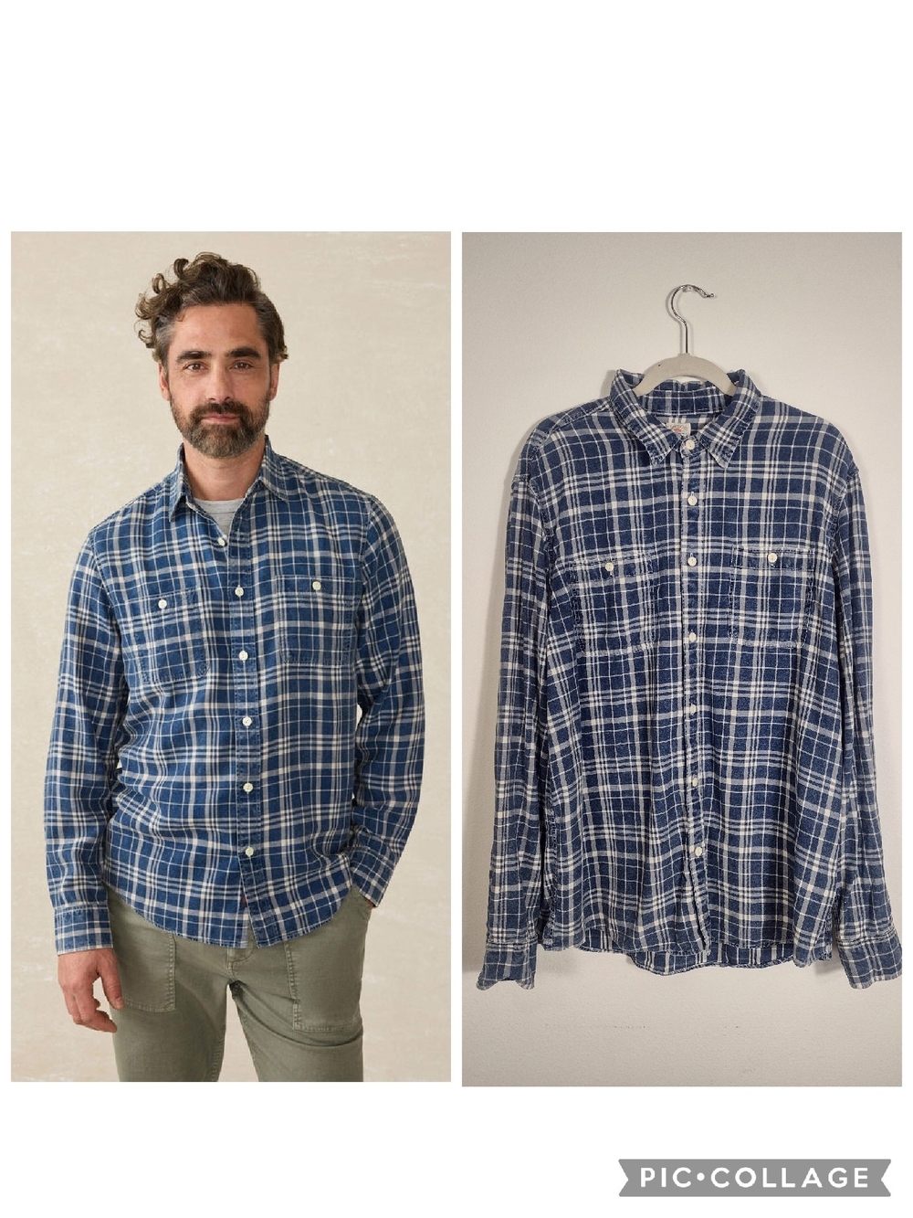 Faherty Blue White Tried & True Chambray Button Down Workshirt Bar Harbor Plaid